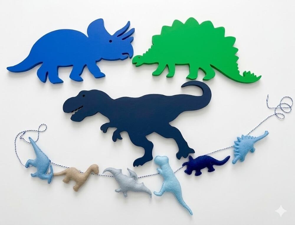 Handmade Wooden Dinosaur Wall Decor & Felt Garland Set – Kids Room Nursery Decor
